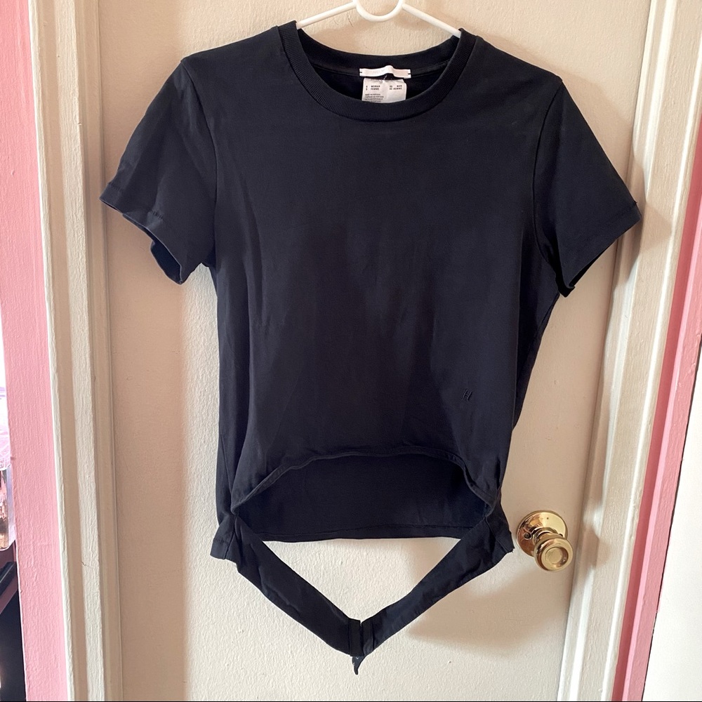 Helmut Lang Black T-shirt with Hanging Strap on Bottom